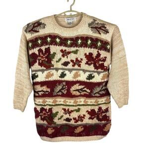 Vintage 90s Spice of Life Fall Leaves Autumn Cream Red Knit Sweater Womens Large